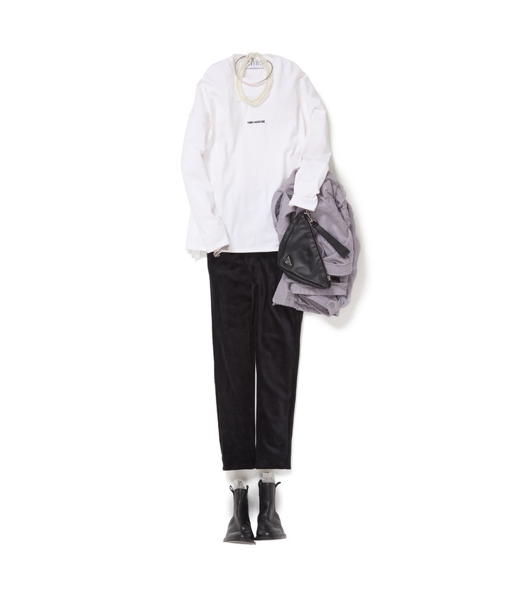 グログランロゴロングTシャツ×ストレッチベロアスキニーパンツ×ATELIER EDITION/レイヤードポケットジャケット