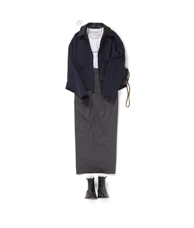 レザーカラーカバーオール×グログランロゴロングTシャツ×スリットIラインスカート