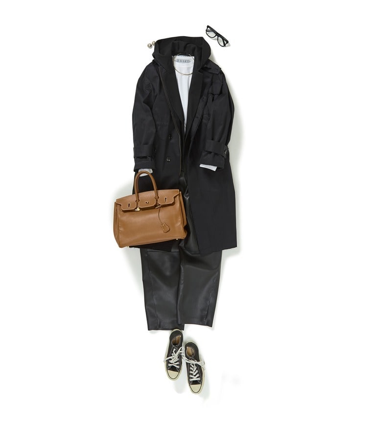 ハイカウントギャバコート×フーディジャケット×LEHA/エコレザーパンツ×スリーロゴロングスリーブT