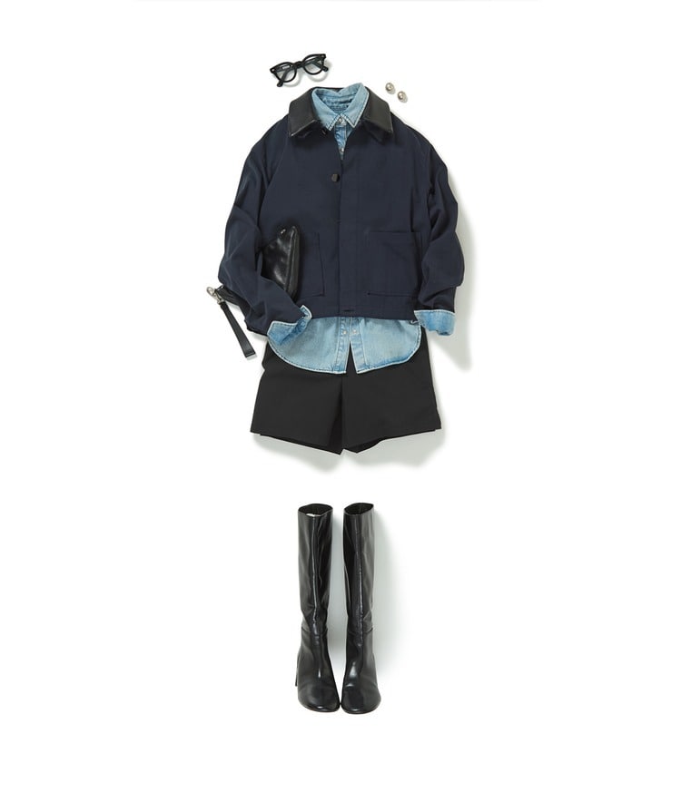ウエストシャーリングデニムシャツ×レザーカラーカバーオール×撥水ラッシュガードショートパンツ