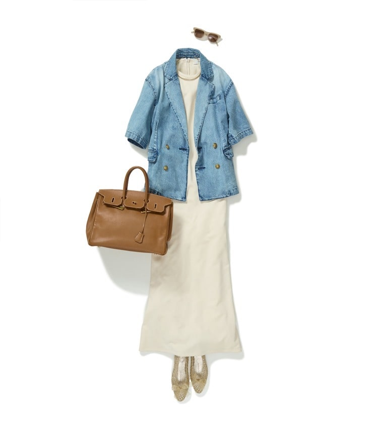 LEHA/Tシャツマキシドレス×ダブルブレストデニムジャケット×HEAVENLY JELLY/別注シャイニーメッシュパンプス