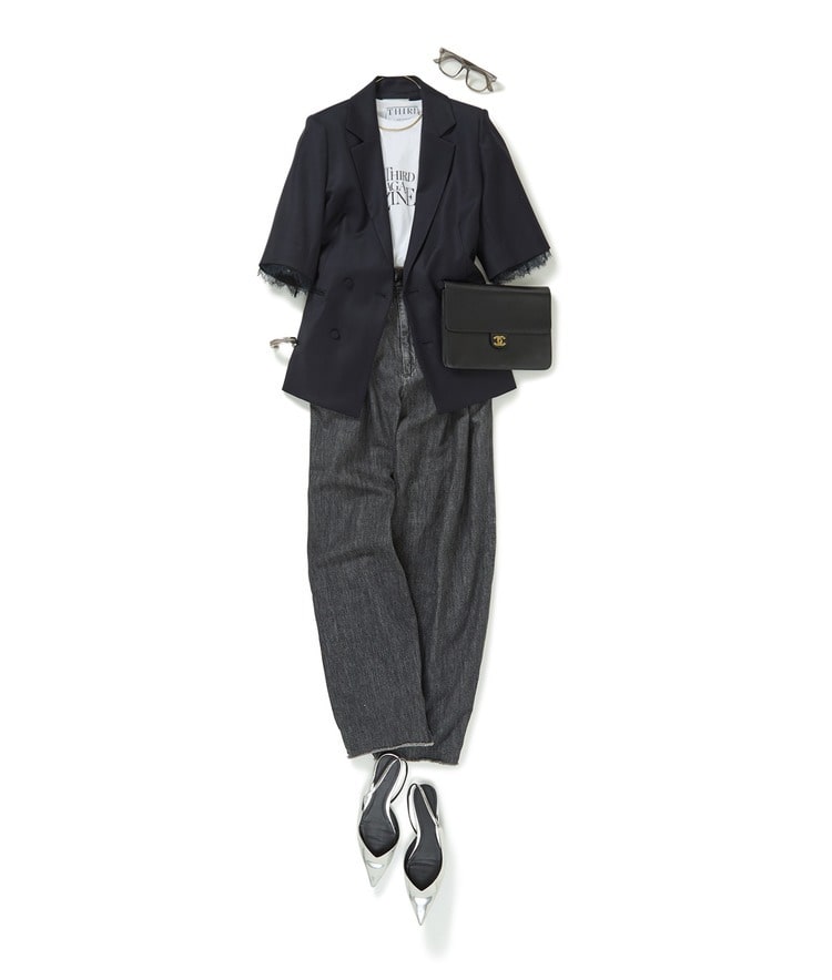 センターロゴTシャツ×デニムタックパンツ×#25 JACKET/ジャケット