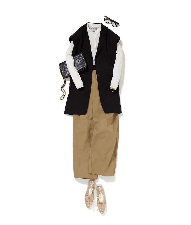 ポロニット×サイドタックパンツ×【伊勢丹先行】ツイルロングジレ×HEAVENLY JELLY/別注シャイニーメッシュパンプス