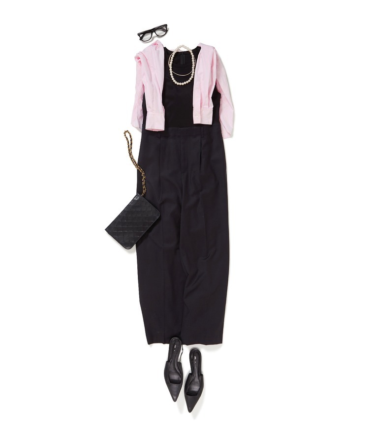 #26 COMBINAISON/コンビネゾン×後染め２WAYシャツ×SCRUNCHIE IS BACK/エラスティックパールネックレス