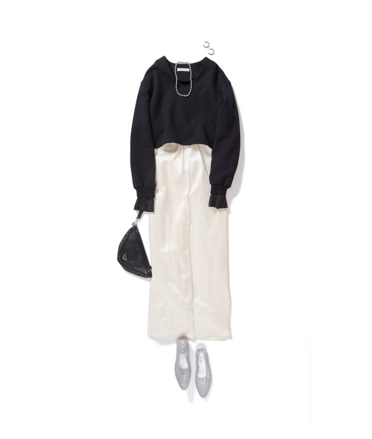 プリーツスリーブVネックスウェット&times;LEHA/サテンイージーパンツ&times;HEAVENLY JELLY/別注シャイニーメッシュパンプス