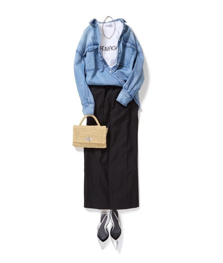 ロゴプリントTシャツ×デニム2WAYボクシーシャツ×ツイルタックパンツ