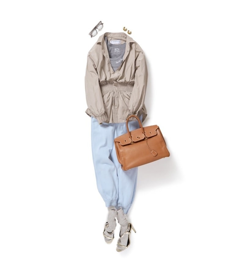 【別注】THIRD MAGAZINE×FRUIT OF THE LOOM/ロゴ刺繍パックタンクトップ×撥水ウエストシャーリングブラウス×【別注】FAITH/ロゴ刺繍サーマルパンツ×ラメイージーソックス