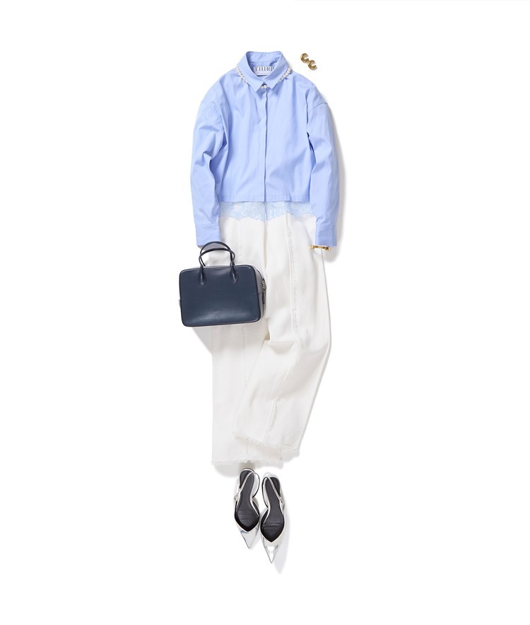 【阪急うめだ限定】裾レースブラウス(ブルー) ×THE TINY BIG SISTER/フリンジニットパンツ×SCRUNCHIE IS BACK/エラスティックパールネックレス（42cm）