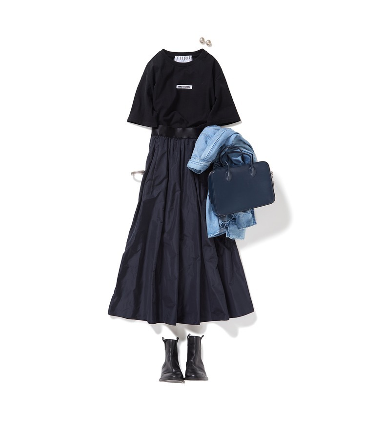 【阪急うめだ限定】グログランロゴクロップドTシャツ(ブラック)×タフタスカート×ウエストシャーリングデニムシャツ