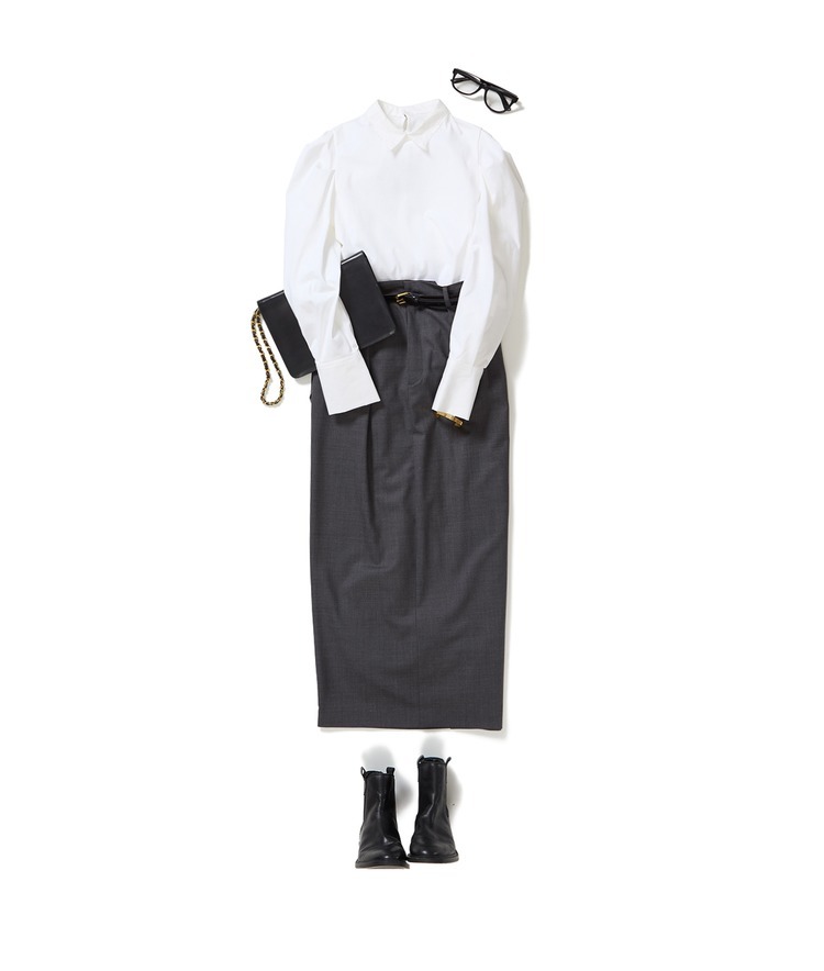 襟レースカットソー×スリットIラインスカート