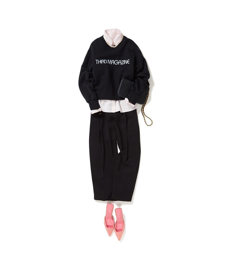 後染め２WAYシャツ×ロゴプリントボクシースウェット×ツイルタックパンツ