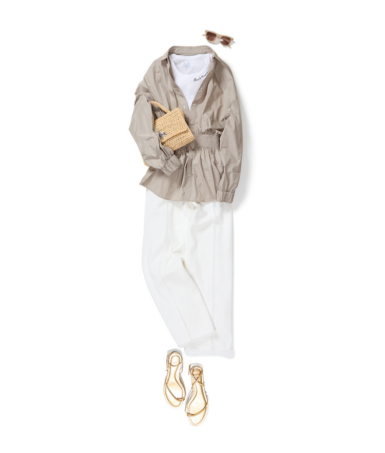 【別注】THIRD MAGAZINE×FRUIT OF THE LOOM/ロゴ刺繍タンクトップ×撥水ウエストシャーリングブラウス×THE TINY BIG SISTER/フリンジニットパンツ