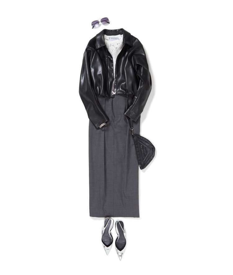 レースTブラウス&times;スリットIラインスカート&times;Meilleur Moment/レザーライクショートジャケット