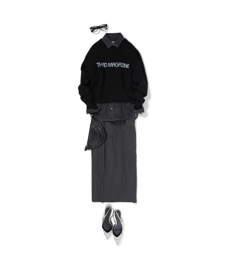 ロゴプリントボクシースウェット&times;ウエストシャーリングデニムシャツ&times;スリットIラインスカート