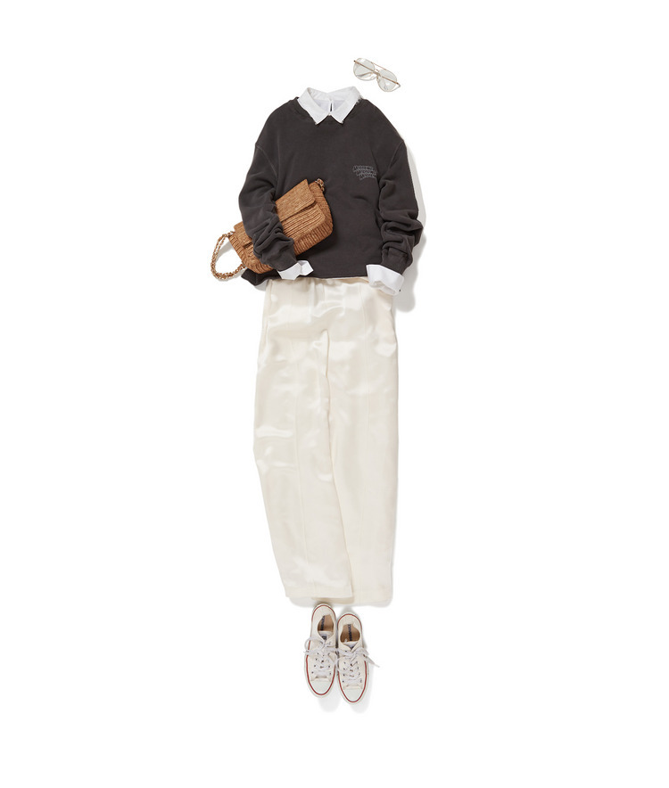 スリーロゴスウェット&times;襟レースカットソー&times;LEHA/サテンイージーパンツ