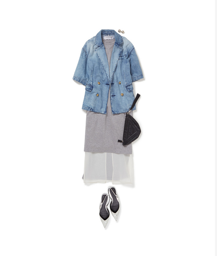 ダブルブレストデニムジャケット×シアーレイヤードワンピース