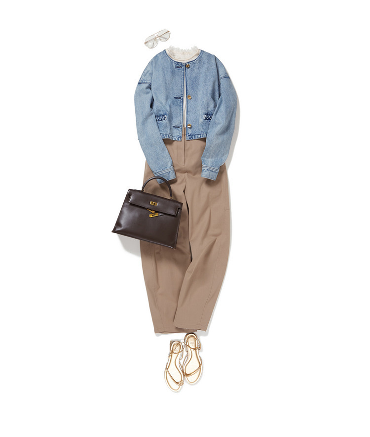 ノーカラーデニムジャケット×レーストリミングブラウス×LEHA/カーブデニム