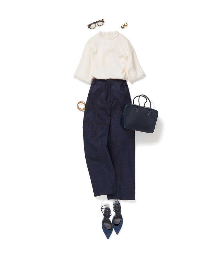 レーストリミングブラウス×デニムライクドロストパンツ