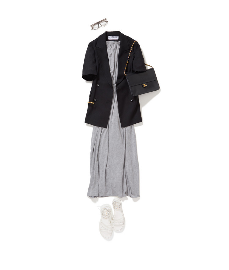 シャーリングワンピース×スラブショートスリーブジャケット