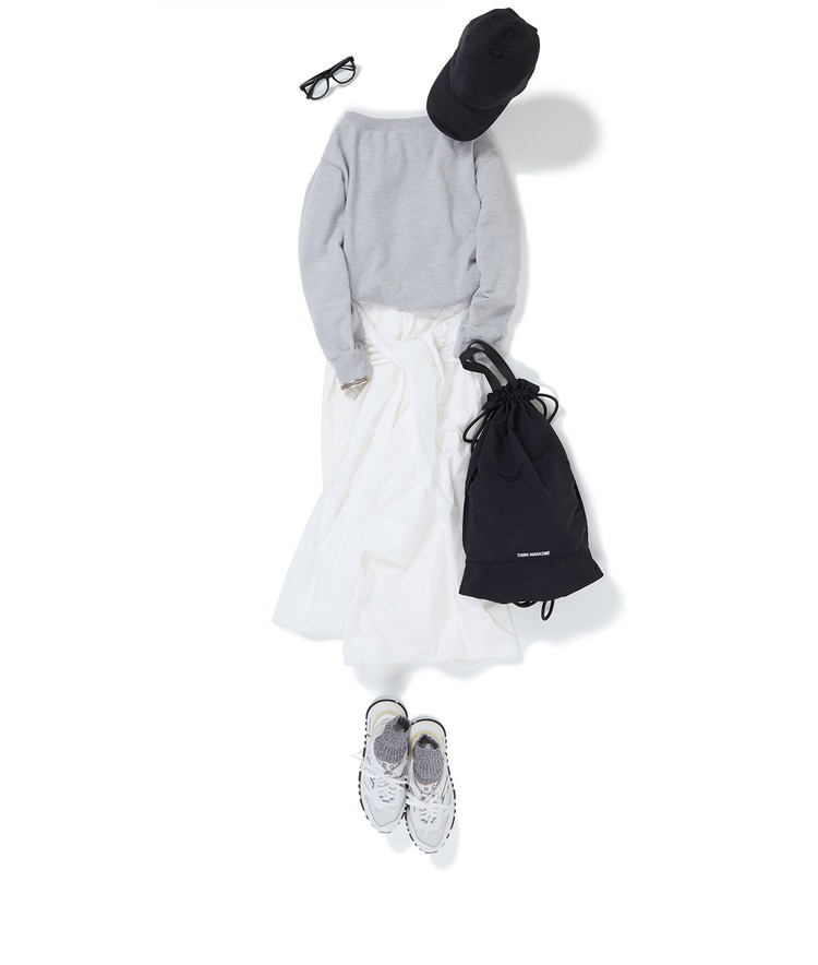 【コラボ】オフショルダースウェット×【コラボ】撥水ボウスカート×【別注】NEW ERA/920LVES×【別注】CARIBOU Mountaineering/ロゴナップサック×ラメイージーソックス