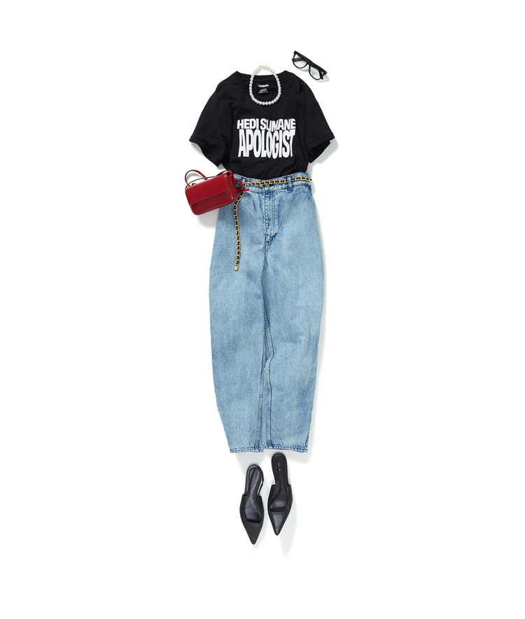 FUORIMODA/Hedi Boxy Slim T-shirt×バルーンパンツ×ORR/ロックチェーンベルト×カーフレザーミニショルダーバッグ×【別注】パールネックレス