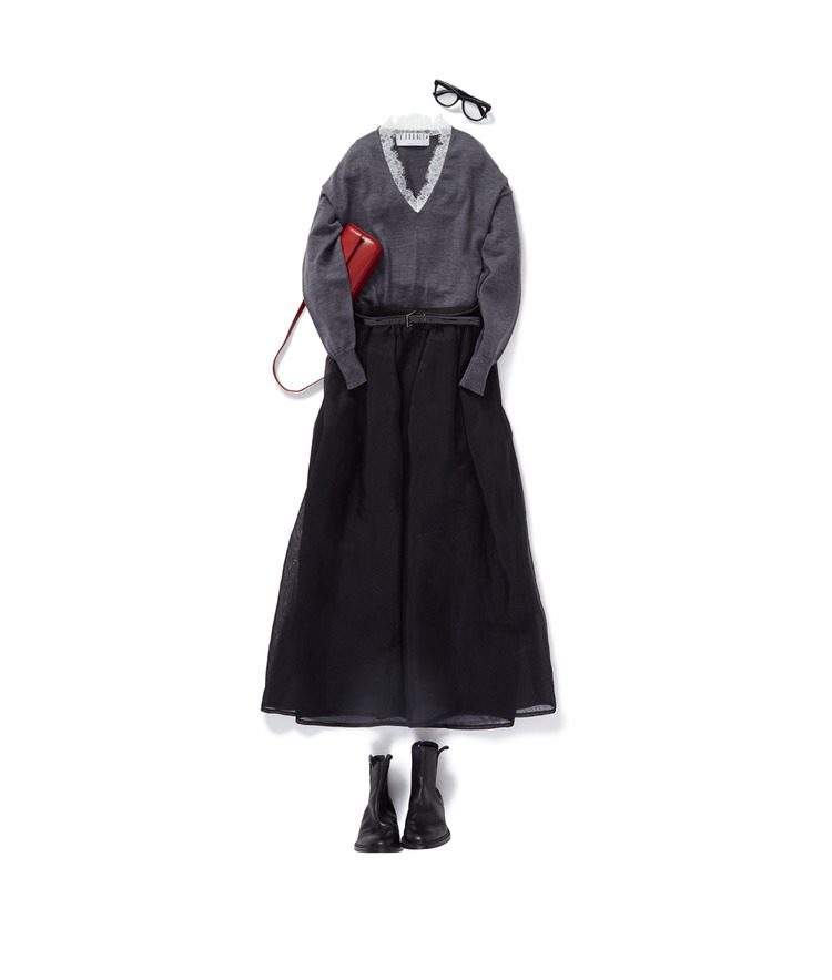 レーストリムVニット×レイヤードシアースカート×BAGLLET/カーフレザーミニショルダーバッグ