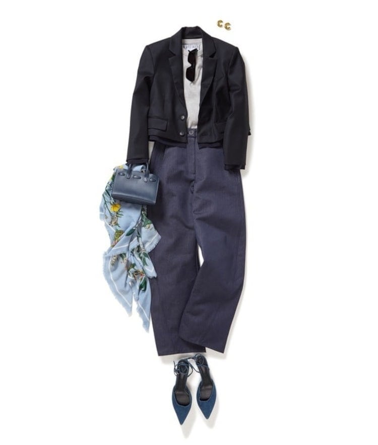 #19 JACKET/ジャケット×cus/ノンウォッシュデニムパンツ×St.Piece/フラワープリントウールカシミア大判スカーフ